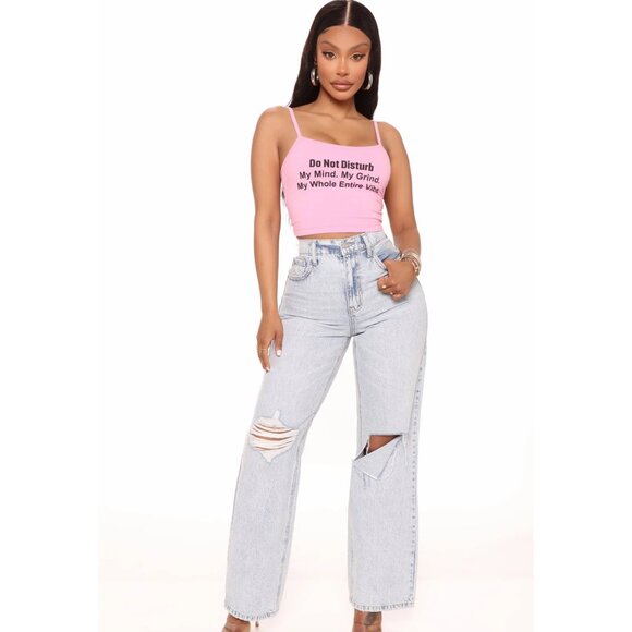 Fashion Nova ✦ Don’t Disturb My Vibe Tank ✦ Pink Cropped Graphic Spaghetti Strap - Picture 2 of 4